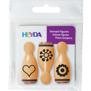 Stempel-Figuren - 3 Holz - Stempel orange - Blumen & Herz -    Motivgröße 1,2 cm