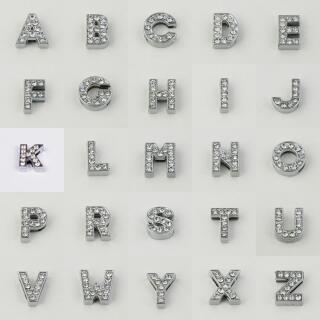 Schiebeperlen Buchstaben Alphabet 12 mm  silberfarben mit Strass