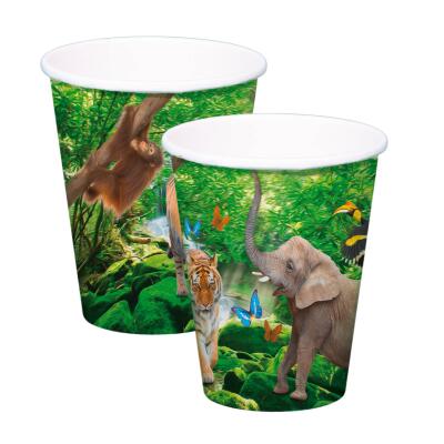 Becher - Pappbecher 250 ml, 8 Stück -  (Folat) wilde Tiere - Safari  - Löwe, Zebra, Giraffe, Elefant