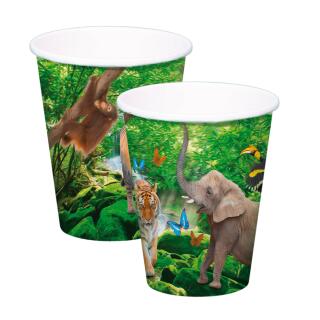 Becher - Pappbecher 250 ml, 8 Stück -  (Folat) wilde Tiere - Safari  - Löwe, Zebra, Giraffe, Elefant