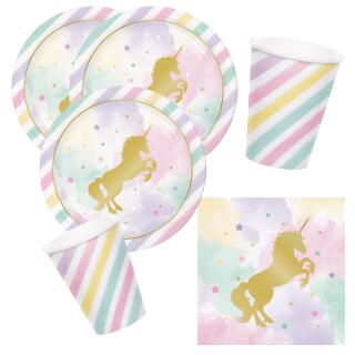 32-teiliges Party-Set goldenes Einhorn - Unicorn sparkle - Teller Becher Servietten für 8 Kinder