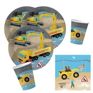 69-teiliges Party-Set - Baustelle - Teller Becher Servietten Platzsets Einladungen Girlande Trinkhalme Geschenkebox  mit Bagger und Radlader  für 6 - 8  Kinder