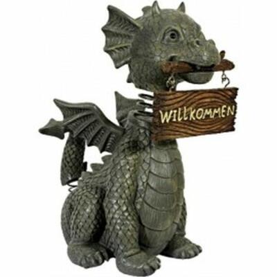 Gartenfigur - Drache - Gartendrache mit Wackelkopf Willkommen  (GD092)