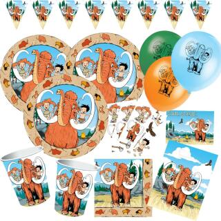 64-teiliges Party-Set Steinzeit - Teller Becher Servietten Wimpelkette, Partytüten, Einladungen, Luftballons, Tattoos für 8 Kinder