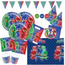 62-teiliges Party-Set PJ Mask Pyjamahelden -  Party  - Teller Becher Servietten Tischdecke Partytüten Girlande Einladungen Trinkhalme Hütchen  für 6 - 8  Kinder