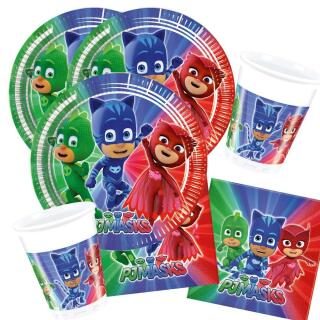 62-teiliges Party-Set PJ Mask Pyjamahelden -  Party  - Teller Becher Servietten Tischdecke Partytüten Girlande Einladungen Trinkhalme Hütchen  für 6 - 8  Kinder