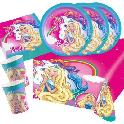 37-teiliges Party-Set Barbie Dreamtopia mit Einhorn   - Teller Becher Servietten Tischdecke für 8 Kinder