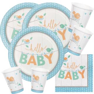 48-teiliges Party-Set Baby shower - Hello Baby Boy Teller Becher Servietten für 16 Personen